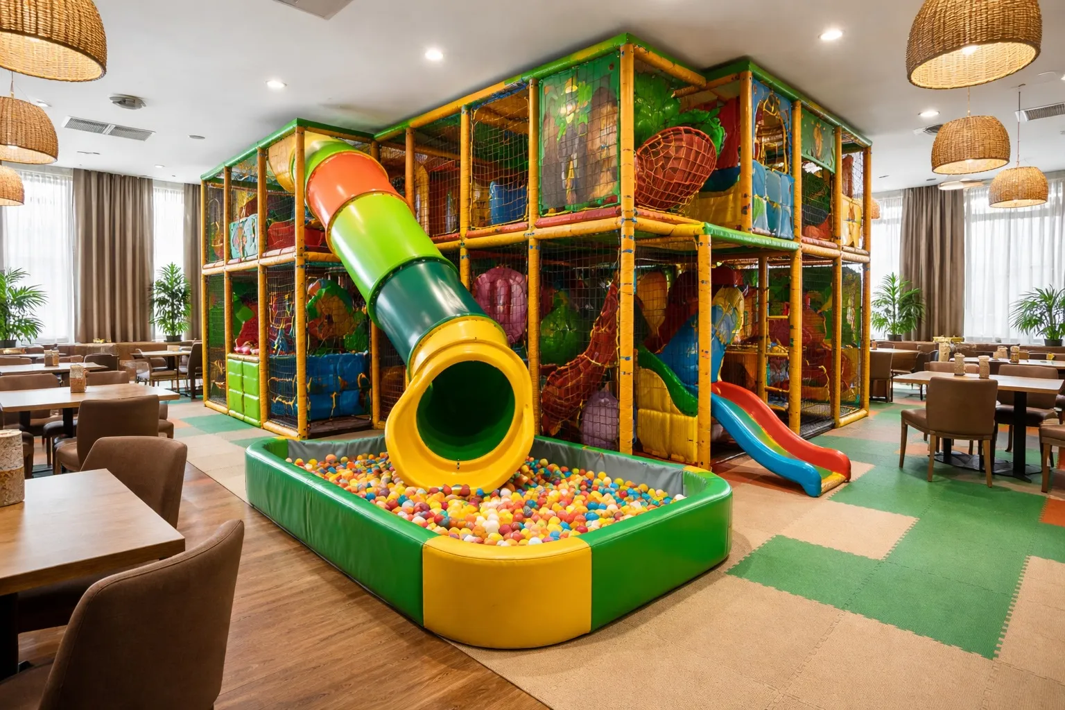 Detské indoor ihrisko s preliezkami pre rodinnú reštauráciu