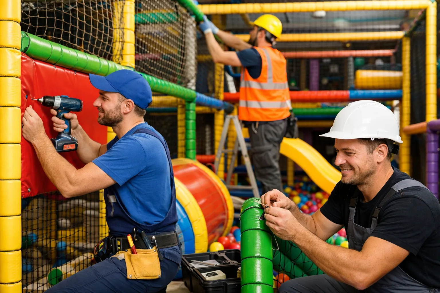 Montáž interiérového detského ihriska – technici inštalujú modulárnu konštrukciu indoor playgroundu v komerčnom priestore