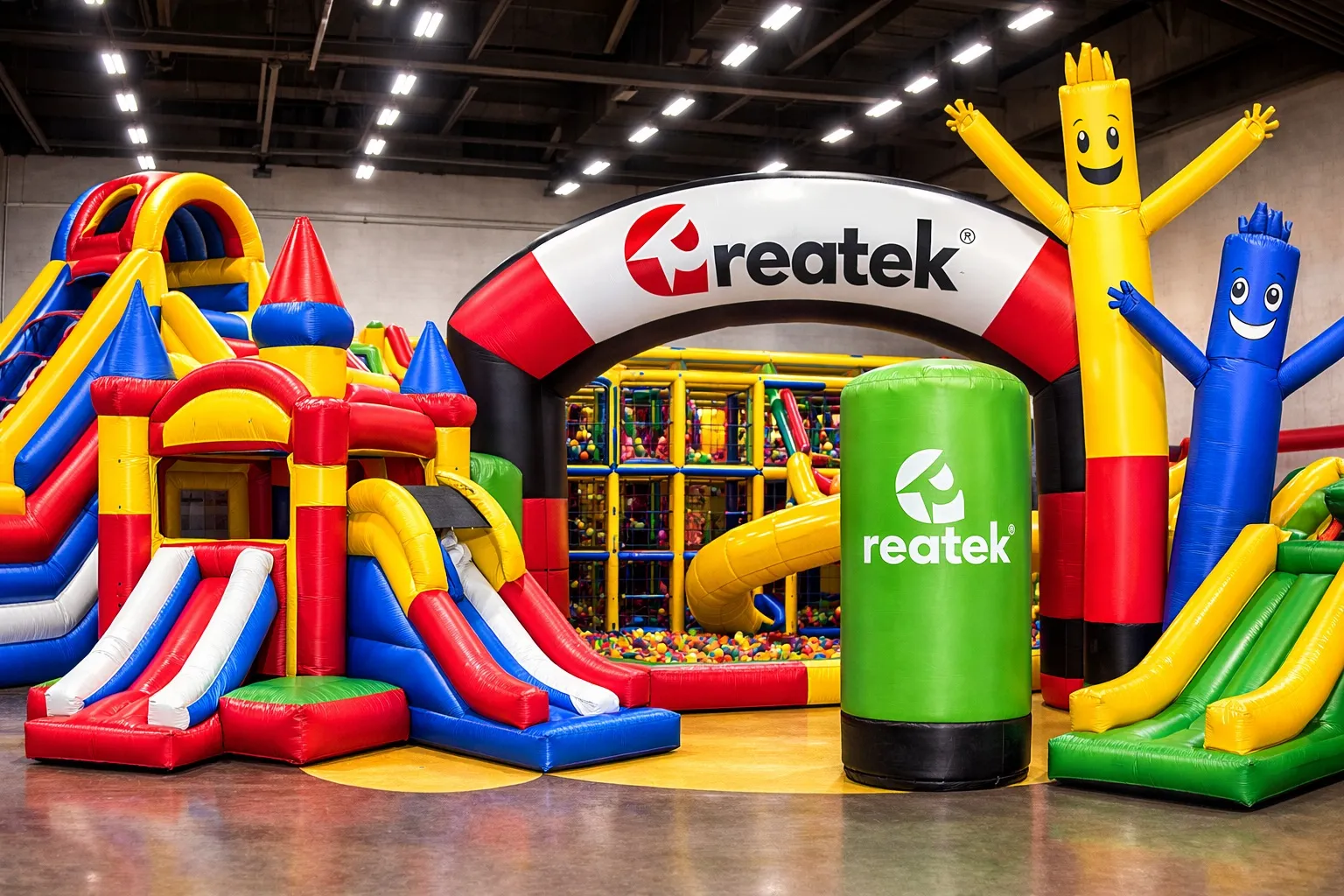 Indoor ihrisko pre deti s nafukovacím hradom, šmykľavkou, reklamným nafukovacím oblúkom Reatek, airdancermi a nafukovacím reklamným stĺpom