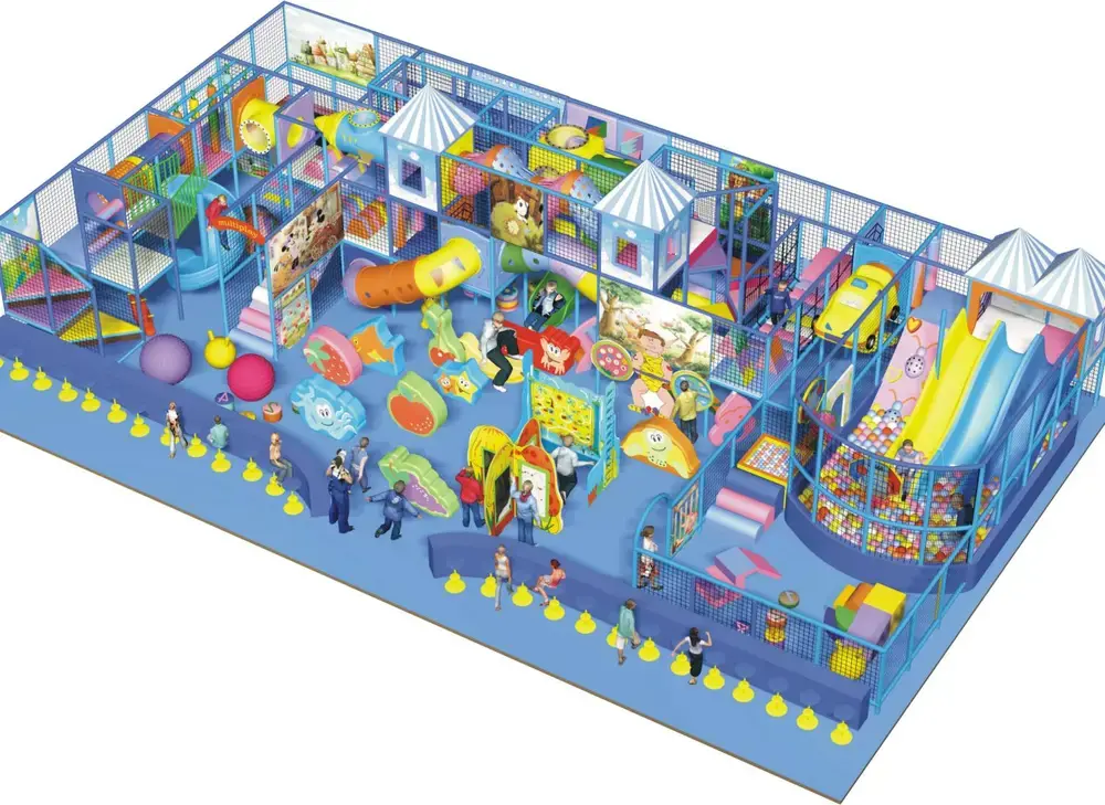 Indoor playground s viacúrovňovou konštrukciou a hernými trasami