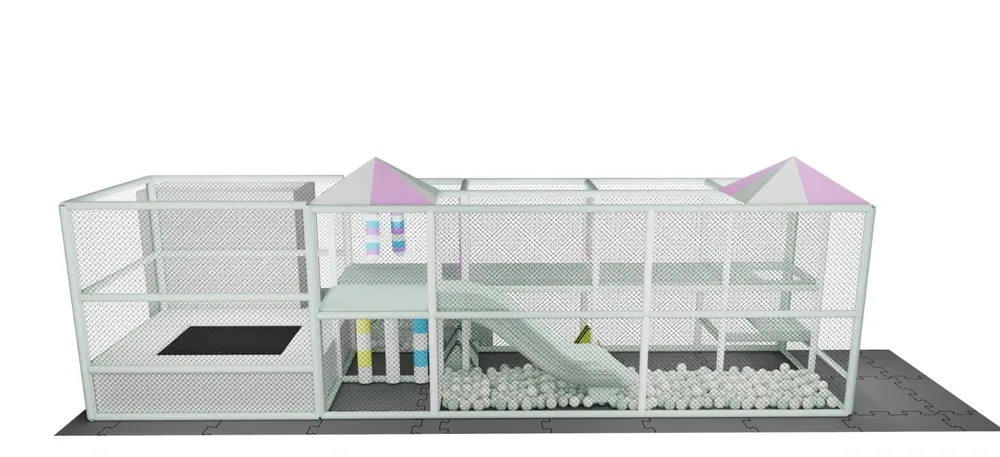 Minimalistická herná zóna so šmýkačkou a trampolínou