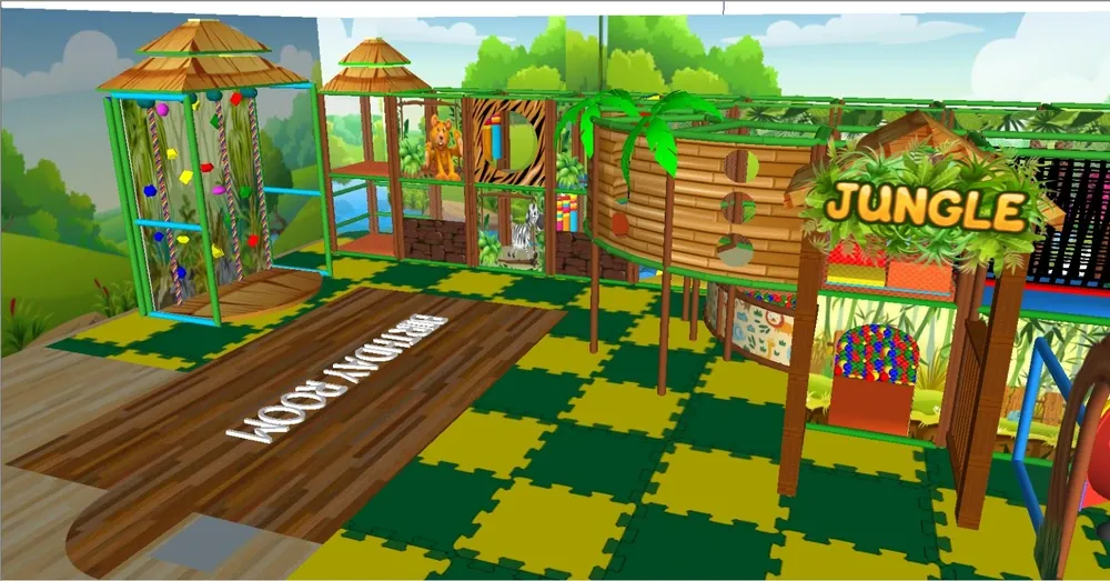 Interiérové ihrisko s prekážkovými zónami a toddler časťou v motíve džungle