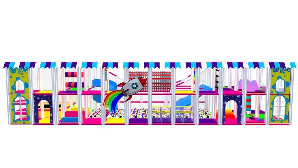 Farebný indoor playground so šmýkačkami, toboganom a loptičkovou zónou