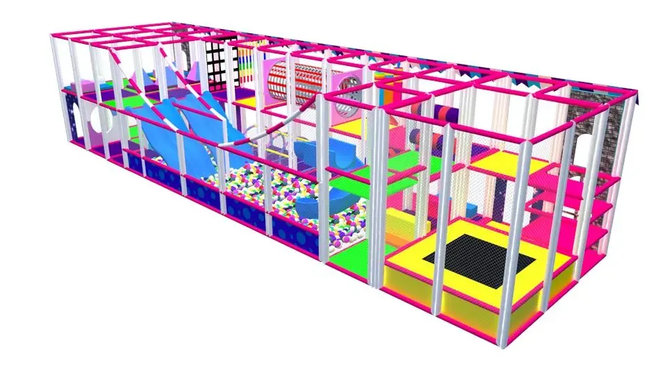 Farebný indoor playground so šmýkačkami, toboganom a loptičkovou zónou