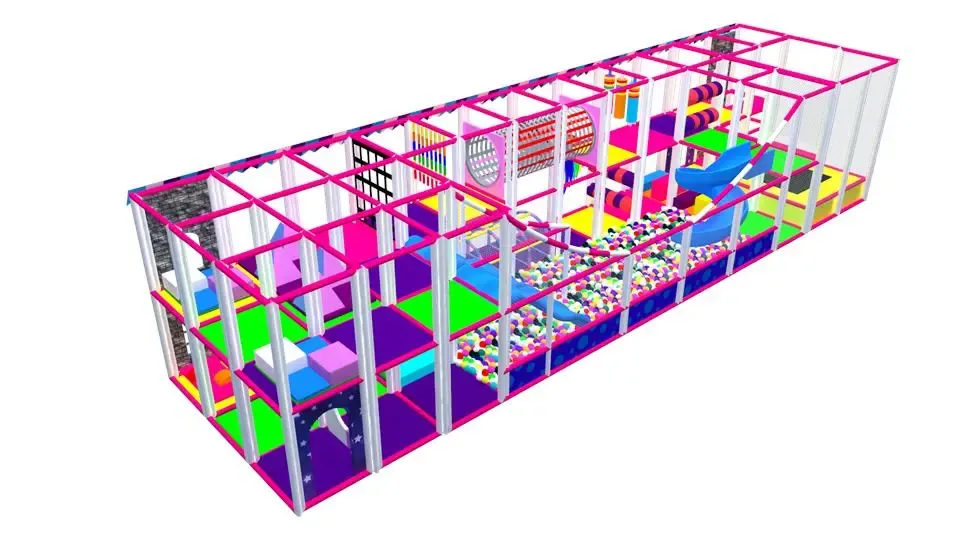 Farebný indoor playground so šmýkačkami, toboganom a loptičkovou zónou